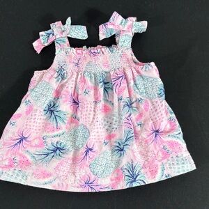 crown & ivy Pink & Blue Pineapple  Smocked Tank with Bow Accent